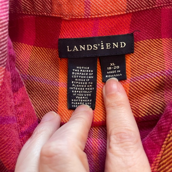 Lands' End pink and Orange Plaid flannel Button-Down Shirt long sleeve xl 18 20 - Picture 3 of 7